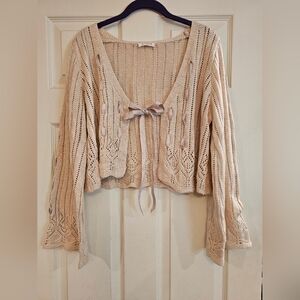 Storia Beige Knit Cardigan with Ribbon Details